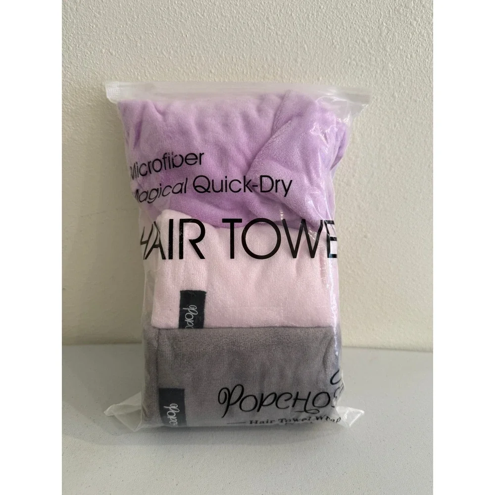 Popchose Microfiber Hair Towel Wrap 3 Pack Quick Dry Anti Frizz Purple Pink Grey